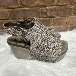 OTBT Women’s Jaunt Stone Cheetah Leather Wedge Platform Open Toe Sz 10